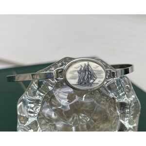 Vintage Sterling Silver Sailing Ship Scene Scrimshaw Bangle Bracelet Nautical